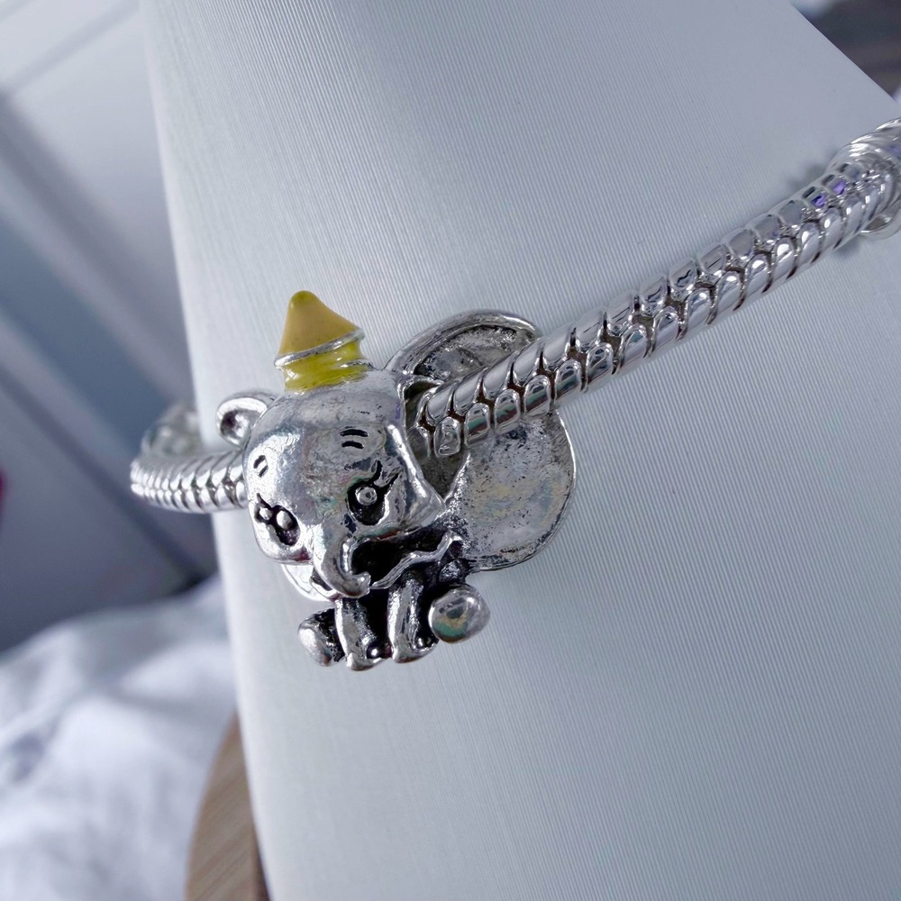 Silver Elephant Bead Charm Fits Snake Chain Bracelet Yellow Hat Animal Jewelry - Picture 4 of 10